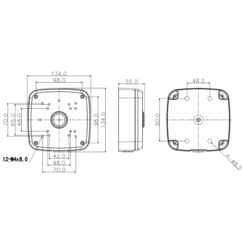 Монтажная коробка для уличных видеокамер серии HFWxxE;  Размеры:134.0*134.0*53.5mm; Вес: 0.6Kg