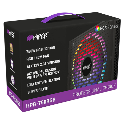 блок питания для ПК 750 Ватт/ PSU HIPER HPB-750RGB (ATX 2.31, 750W, ActivePFC, RGB 140mm fan, Black) 85+, BOX