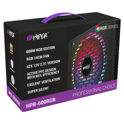 блок питания для ПК 600 Ватт/ PSU HIPER HPB-600RGB (ATX 2.31, 600W, ActivePFC, RGB 140mm fan, Black) 85+, BOX