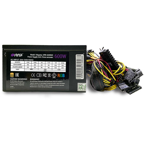 блок питания для ПК 600 Ватт/ PSU HIPER HPB-600RGB (ATX 2.31, 600W, ActivePFC, RGB 140mm fan, Black) 85+, BOX