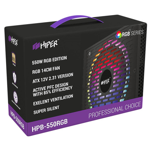 блок питания для ПК 550 Ватт/ PSU HIPER HPB-550RGB (ATX 2.31, 550W, ActivePFC, RGB 140mm fan, Black) 85+, BOX