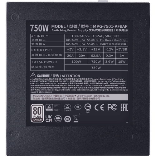 Блок питания 750Вт/ Power Supply Cooler Master XG750 Platinum, 750W, ATX, 135mm, 24pin, 12xSATA, 4xPCI-E(6+2), APFC, 80+ Platinum, Full Modular