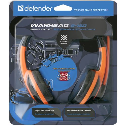 Defender Игровая гарнитура Warhead G-120 черный + оранжевый, кабель 2 м