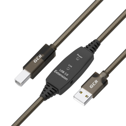 GCR Кабель активный 15.0m USB 2.0, AM/BM, черно-прозрачный, с усилителем сигнала, разъём для доп.питания, 24/22 AWG