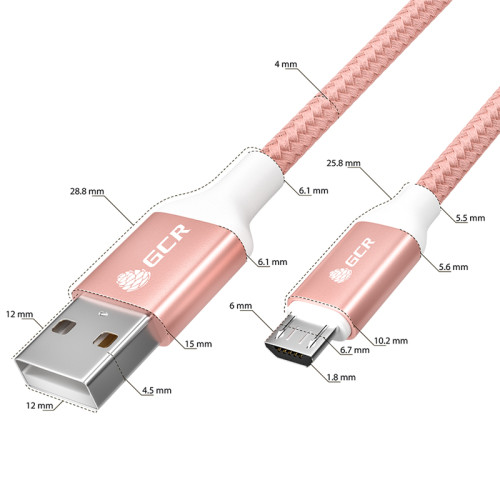 GCR QC Кабель 1.5m MicroUSB, быстрая зарядка, розовый нейлон, AL корпус розовый, белый ПВХ, 28/24 AWG, GCR-52474