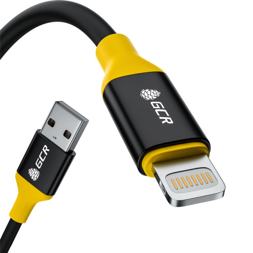 GCR Кабель 1.2m USB 2.0, AM/Lightning - поддержка всех IOS, MFI, черный, AL корпус черный, желтый ПВХ