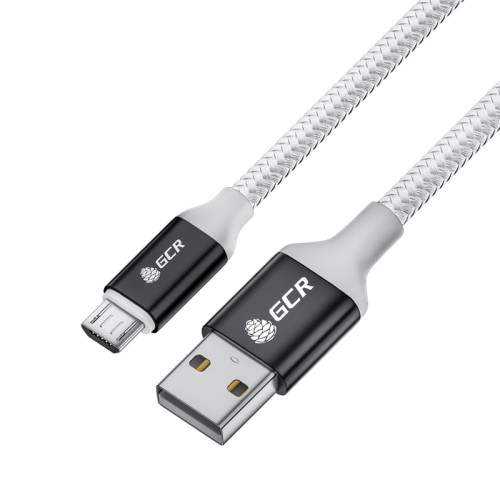 GCR QC Кабель 1.5m MicroUSB, быстрая зарядка, белый нейлон, AL корпус черный, белый ПВХ, 28/24 AWG, GCR-53269