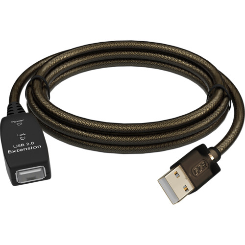 GCR Удлинитель активный 3.0m USB 2.0, AM/AF, GOLD, черно-прозрачный, с усилителем сигнала, разъём для доп.питания, 28/24 AWG