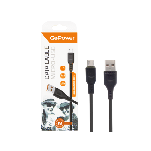 Кабель GoPower GP01M USB (m)-microUSB (m) 1.0м 2.4A ПВХ черный (1/800)