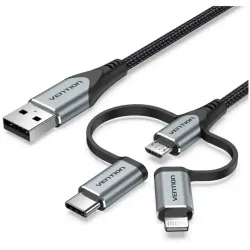 Кабель Vention 3 в 1 USB 2.0 AM/ Micro-B, USB-C, Lightning M - 1м. Черный