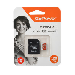 Карта памяти microSD GoPower 128GB Class10 UHS-I (U3) 100 МБ/сек V30 с адаптером