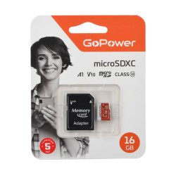 Карта памяти microSD GoPower 16GB Class10 UHS-I (U3) 80 МБ/сек V10 с адаптером