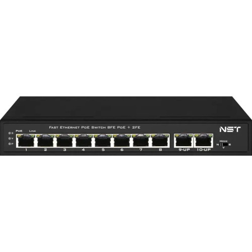 PoE коммутатор Fast Ethernet на 10 RJ45 портов. Порты: 8 x FE (10/100 Base-T) с поддержкой PoE (IEEE 802.3af/at), 2 x FE (10/100 Base-T). Соответствует стандартам PoE IEEE 802.3af/at. Автоматическое определение и режим антизависания PoE устройств. Мощност