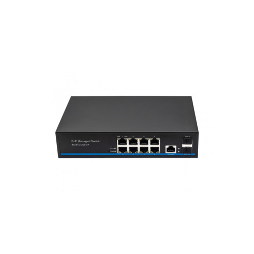 Управляемый L2 PoE коммутатор Gigabit Ethernet на 8 RJ45 PoE + 2 x GE SFP порта. Порты: 8 x GE (10/100/1000 Base-T) с поддержкой PoE (IEEE 802.3af/at), 2 x GE SFP (1000 Base-X). Соответствует стандартам PoE IEEE 802.3af/at.  Автоматическое определение и р