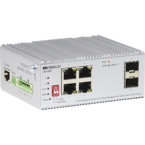 Коммутатор/ Managed L2 Industrial Fast Ring Switch 4x1000Base-T PoE, 2x1000Base-X SFP, PoE Budget 60W, Surge 4KV, -40 to 75°C