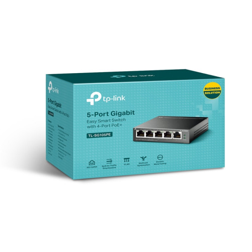 Коммутатор/ Easy Smart Gigabit 5-port switch with 4 PoE + ports, metal case, desktop installation, PoE budget-65W, 802.1 q VLAN support