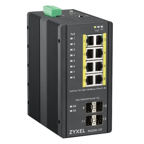 Коммутатор/ ZYXEL RGS200-12P, 12 Port managed PoE Switch, 240 Watt PoE, DIN Rail, IP30, 12-58V DC