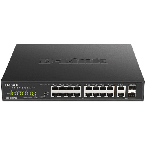 Коммутатор/ DES-1018MPV2,DES-1018MPV2/A1A Unmanaged Switch 16x100Base-TX PoE, 2xCombo 1000Base-T/SFP, PoE Budget 247W, Long-range PoE up to 250m, metal case