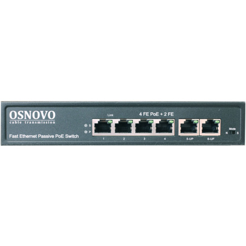 Коммутатор/ OSNOVO Passive PoE коммутатор 6 портов, 4 PoE порта 10/100 Base-T, 2*10/100 Base-T Uplink, до 30W на порт