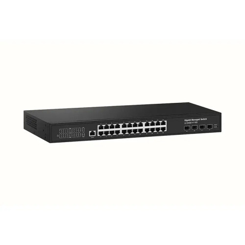 Управляемый L3 коммутатор Gigabit Ethernet на 24xRJ45 + 4x10G SFP+ Uplink. Порты: 24 x GE (10/100/1000Base-T) + 4 x 10G SFP+ Uplink, Консольный порт, Уровень управления L3 (Full managed), Поддержка Jumbo Frame 10K, IGMP Snooping, Монтаж в 19