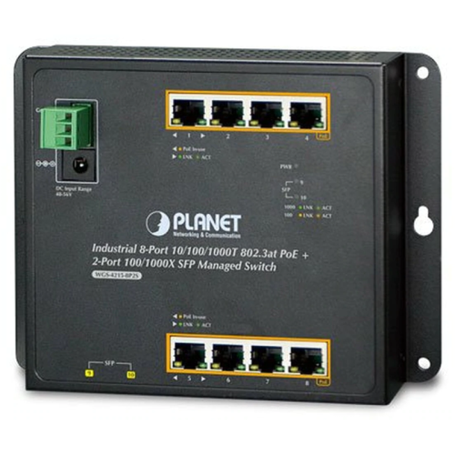 WGS-4215-8P2S индустриальный коммутатор/ IP30, IPv6/IPv4, 8-Port 1000T 802.3at PoE + 2-Port 100/1000X SFP Wall-mount Managed Ethernet Switch (-40 to 75 C, dual power input on 48-56VDC terminal block and power jack, SNMPv3, 802.1Q VLAN, IGMP Snooping, SSL,