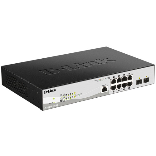 Коммутатор/ DGS-1210-10P/ME/B Managed L2 Metro Ethernet Switch 8x1000Base-T PoE, 2x1000Base-X SFP, PoE Budget 78W, Surge 6KV, CLI, RJ45 Console, Dying Gasp