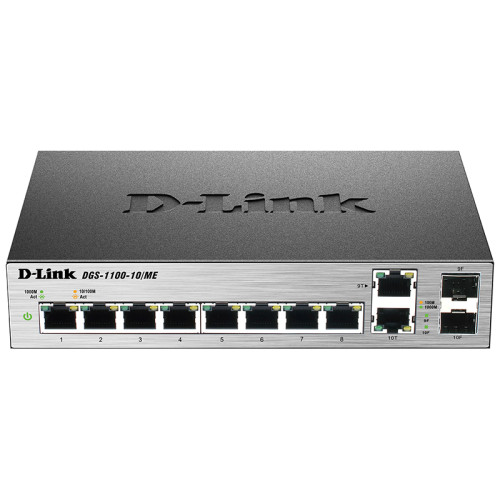 Коммутатор/ DGS-1100-10/ME Managed L2 Metro Ethernet Switch 8х1000Base-T, 2хCombo 1000Base-T/SFP, Surge 6KV, CLI