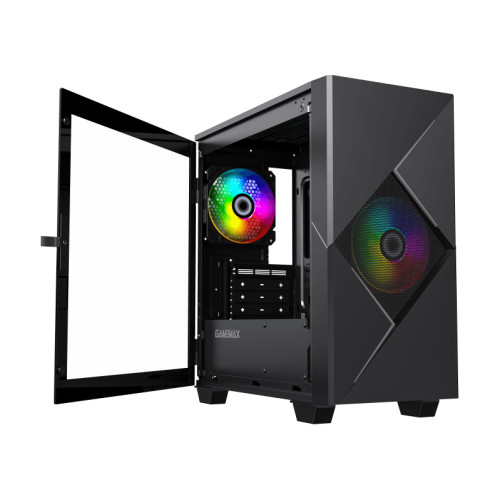 Компьютерный корпус, без блока питания mATX/ Gamemax Cyclops BG mATX case, black, w/o PSU, w/1xUSB3.0+1xUSB2.0, w/1x12cm ARGB front fan (GMX-12-Rainbow-C9), w/1x12cm ARGB rear fan (GMX-12-