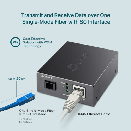 Медиаконвертер/ Gigabit WDM media converter, 9/125µm Single-mode Fiber, 1 SC Fiber port, 1 100/1000Mbps RJ-45 port, wave length 1550nm/1310nm