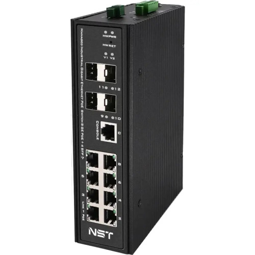 Промышленный управляемый (L2+) HiPoE коммутатор Gigabit Ethernet на 8GE PoE + 4 GE SFP порта с функцией мониторинга температуры/ влажности/ напряжения. Порты: 1 x GE (10/100/1000Base-T) с PoE BT (до 90W) + 7 x GE (10/100/1000Base-T) с PoE (до 30W) + 4 x G