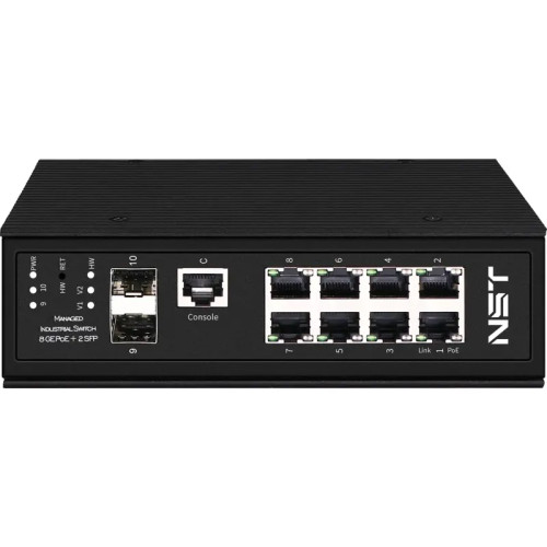 Промышленный управляемый (L2+) HiPoE коммутатор Gigabit Ethernet на 8GE PoE + 2 GE SFP порта с функцией мониторинга температуры/ влажности/ напряжения. Порты: 1 x GE (10/100/1000Base-T) с PoE BT (до 90W) + 7 x GE (10/100/1000Base-T) с PoE (до 30W) + 2 x G