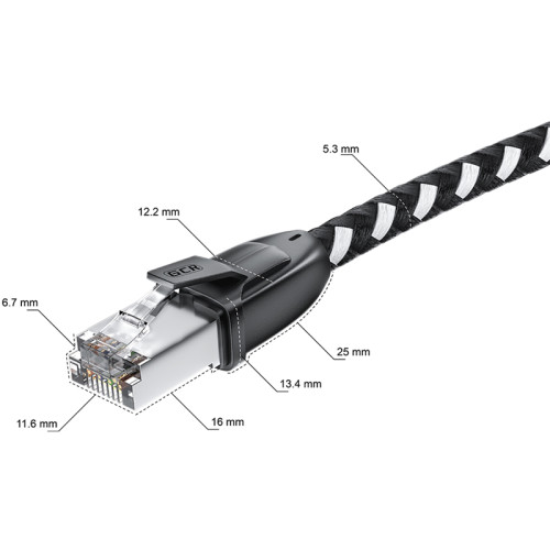 GCR Патч-корд PROF прямой 1.0m, UTP медь кат.6, STRONG черно-белый нейлон, ethernet high speed 10 Гбит/с, T568B, GCR-52776