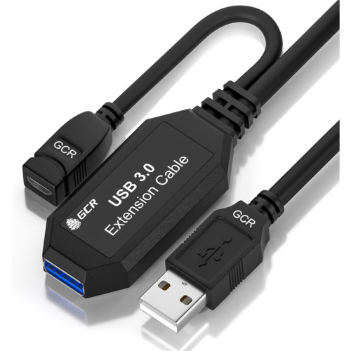 GCR Удлинитель активный 5.0m USB 3.0, AM/AF, OD:5.0mm, черный, с усилителем сигнала, доп.питание micro, 44-050608