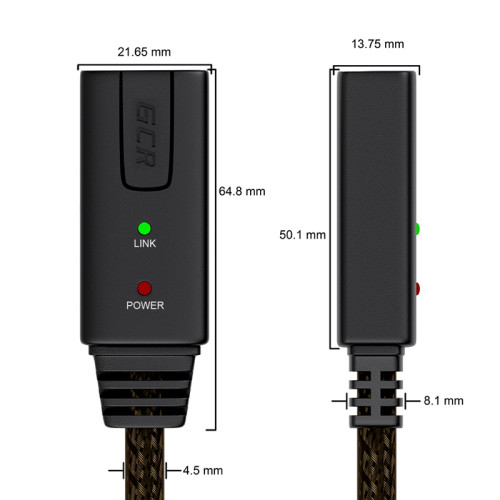 GCR Удлинитель активный 3.0m USB 2.0, AM/AF, GOLD, черно-прозрачный, с усилителем сигнала, 28/24 AWG, разъём для доп.питания, 44-050616