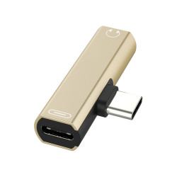 GCR Переходник USB Type C > 3.5mm mini jack + TypeC, золотой, GCR-UC2AUX