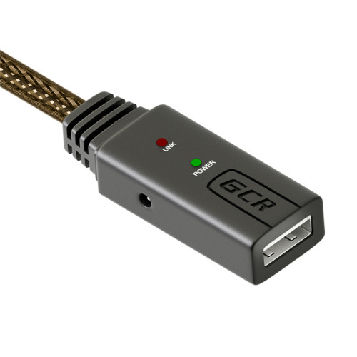 GCR Удлинитель активный 5.0m USB 2.0, AM/AF, GOLD, черно-прозрачный, с усилителем сигнала, 28/24 AWG, разъём для доп.питания, 44-050600