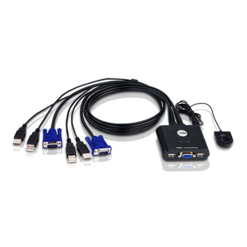 Переключатель, электрон., KVM,  1 user USB+VGA =>  2 cpu USB+VGA, со встр.шнурами USB 2x0.9м., 2048x1536, настол., исп.стандарт.шнуры, без OSD, некаскад., (переключение между портами только выносной кнопкой!)/ 2 PORT USB KVM SWITCH