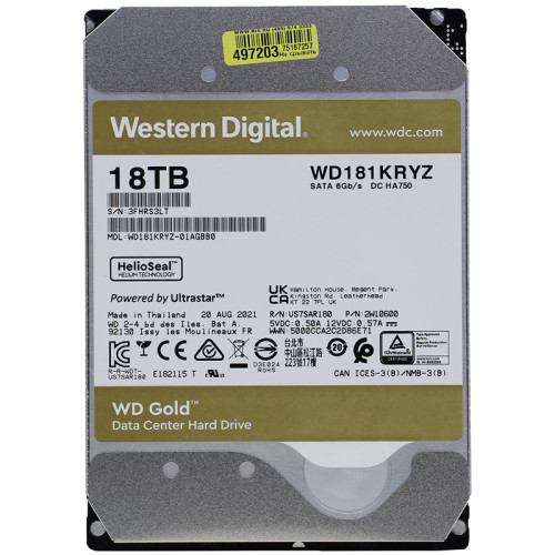 Жесткий диск/ HDD WD SATA3 18Tb Gold 7200 512mb  1 year warranty