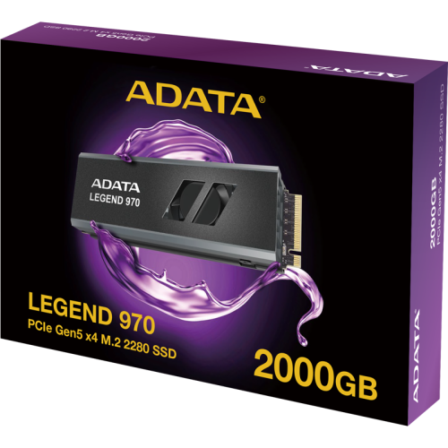 Твердотельный накопитель/ ADATA SSD LEGEND 970, 2000GB, M.2(22x80mm), NVMe 2.0, PCIe 5.0 x4, 3D NAND, R/W 10000/10000MB/s, IOPs 1 400 000/1 400 000, TBW 1400, DWPD 0.38, with Heat Sink (5 лет)