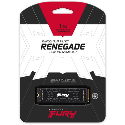 Твердотельный накопитель/ Kingston SSD Fury Renegade, 1000GB, M.2(22x80mm), NVMe, PCIe 4.0 x4, 3D TLC, R/W 7300/6000MB/s, IOPs 900 000/1 000 000, DRAM buffer 1024MB, TBW 1000, DWPD 0.55 (5 лет)