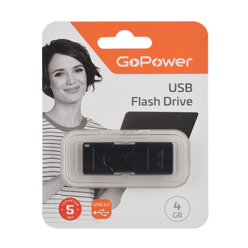 Флеш-накопитель GoPower SLIDER 4GB USB2.0 пластик черный матовый (1/50/1000)