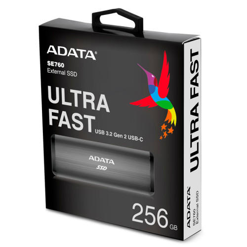 Твердотельный накопитель/ ADATA External SSD SE760, 256GB, Type-C, USB 3.2 Gen2, R/W 1000/800 MB/s, 122x44x14mm, Titan-Gray (3 года)