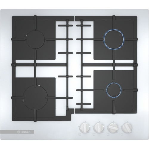 Serie 4, газовая варочная панель, 60см, закаленное стекло, белый, 4 конфорки,1 конфорка повышенной мощности, индивидуальные чугунные решетки, газ-контроль, автоматический электроподжиг, сделано в Испании