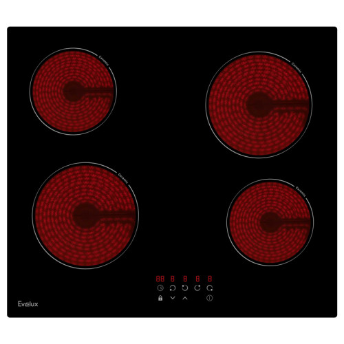 Варочная панель электрическая, стеклокерамика,  Hi Light, 60 см, 4 конфорки, сенсорное управление, 9 уровней мощности, таймер 1-99 мин, блокировка управления, защитное отключение,   6000 Вт, черное стекло, 590х520х50 мм.