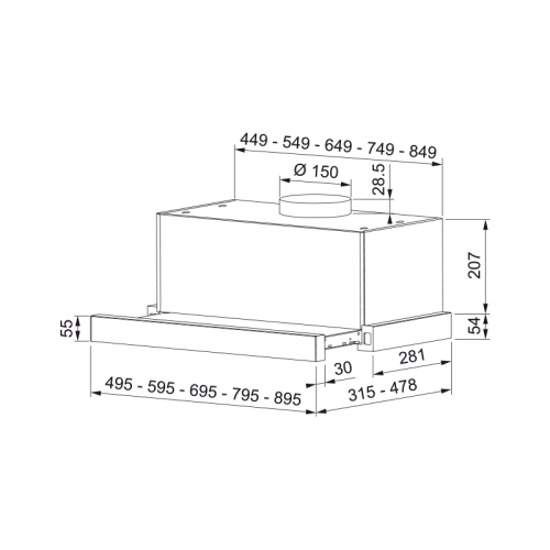 Вытяжка Franke/ Best, Вытяжка TOUCH 35 BK 50, 50см, 750 м3/ч, сенсорное управление, LED освещение, Угольный фильтр Ф-07 (приобретается отдельно), цвет: нержавеющая сталь, лицевая планка: черное стекло