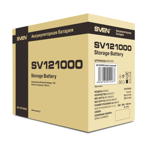 Батарея SVEN SV 121000 (12V 100Ah), напряжение 12В, емкость 100А*ч, макс. ток разряда 1000А, макс. ток заряда 30А, свинцово-кислотная типа AGM, тип клемм B5, Д/Ш/В 307/168/211мм, 30кг/ Battery SVEN SV 121000 (12V 100Ah), 12V voltage, 100A*h capacity, max.