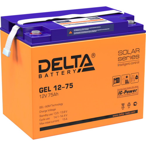 Батарея DELTA серия GEL, GEL 12-75, напряжение 12В, емкость 75Ач (разряд 10 часов),  макс. ток разряда (5 сек.) 700А, макс. ток заряда 15А, свинцово-кислотная типа AGM+GEL, клеммы под болт М6, ДxШxВ 260х168х219мм., вес 23кг., LCD, срок службы 10-12 лет./ 