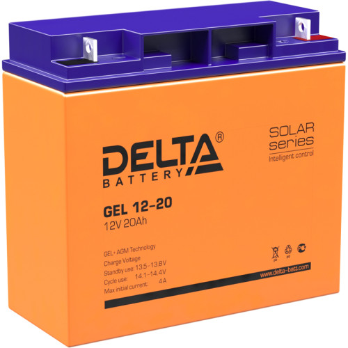 Батарея DELTA серия GEL, GEL 12-20, напряжение 12В, емкость 20Ач (разряд 20 часов),  макс. ток разряда (5 сек.) 240А, макс. ток заряда 4А, свинцово-кислотная типа AGM+GEL, клеммы под гайку и болт M6, ДxШxВ 181х77х167мм., вес 5.3кг., срок службы 10-12 лет.