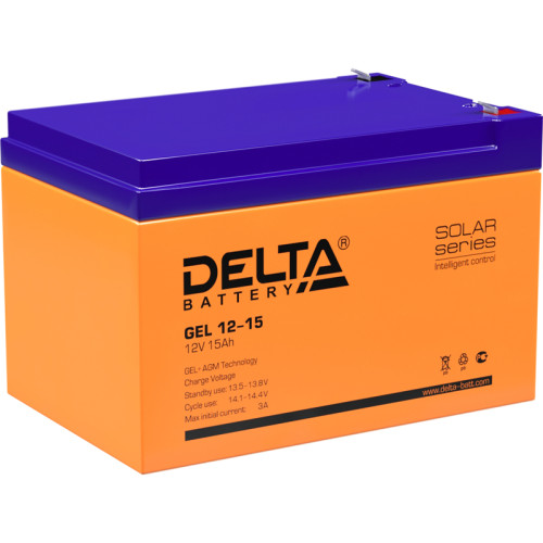 Батарея DELTA серия GEL, GEL 12-15, напряжение 12В, емкость 15Ач (разряд 20 часов),  макс. ток разряда (5 сек.) 200А, макс. ток заряда 3А, свинцово-кислотная типа AGM+GEL, клеммы F2, ДxШxВ 151х98х96мм., вес 3.7кг., срок службы 10-12 лет./ Battery DELTA se